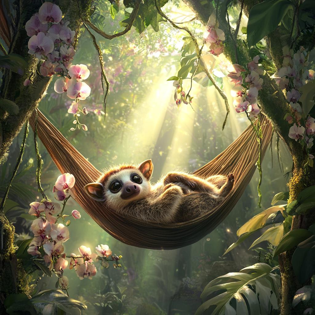 Slow Loris Relaxing in Hammock with Sunbeam