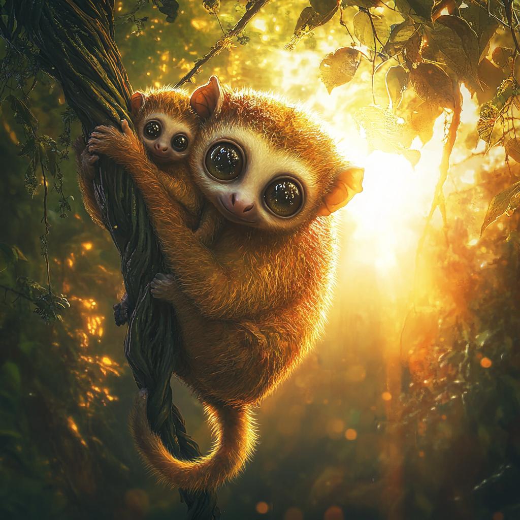 Slow Loris Mom with Baby in Tree