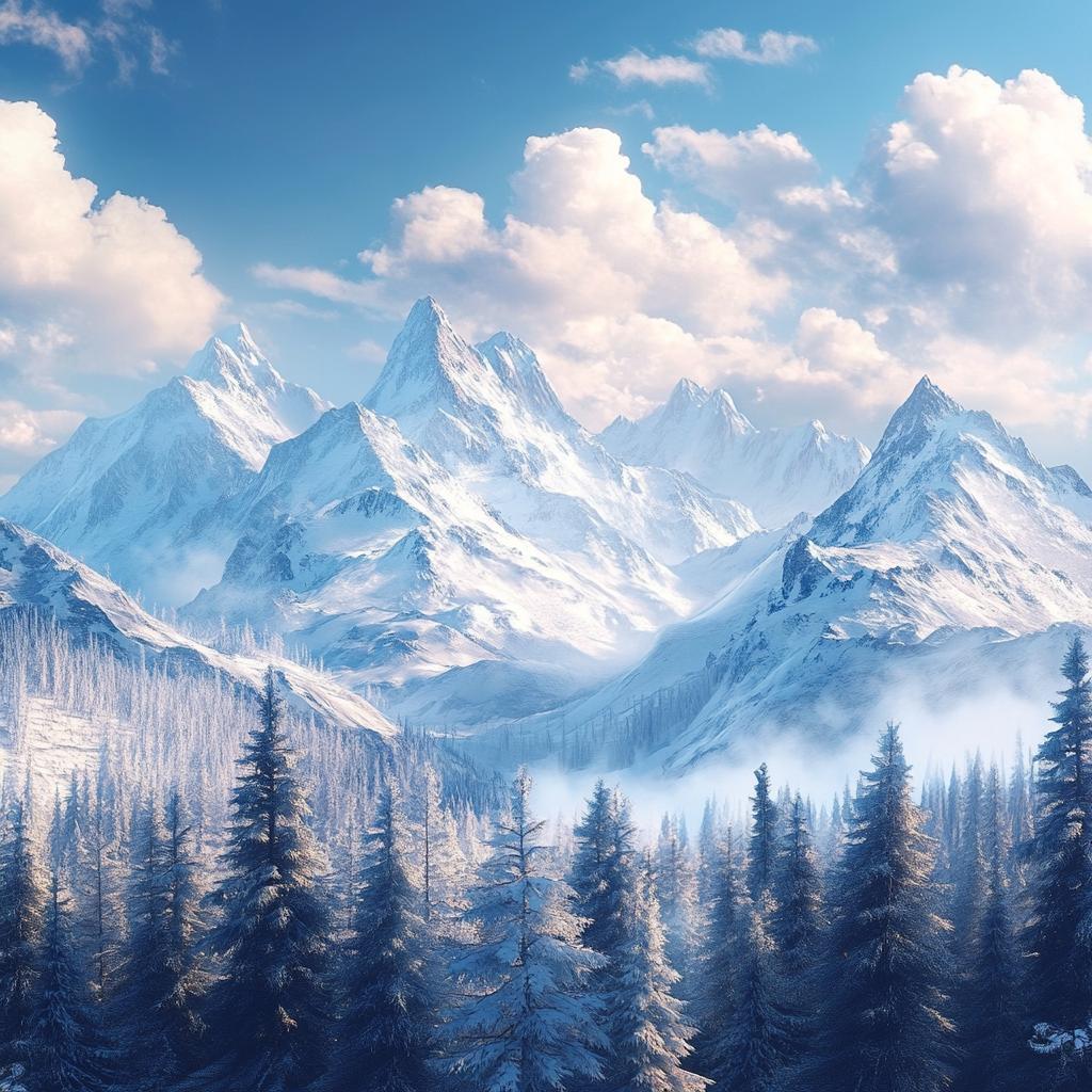 Misty Forest with Snowy Mountain View