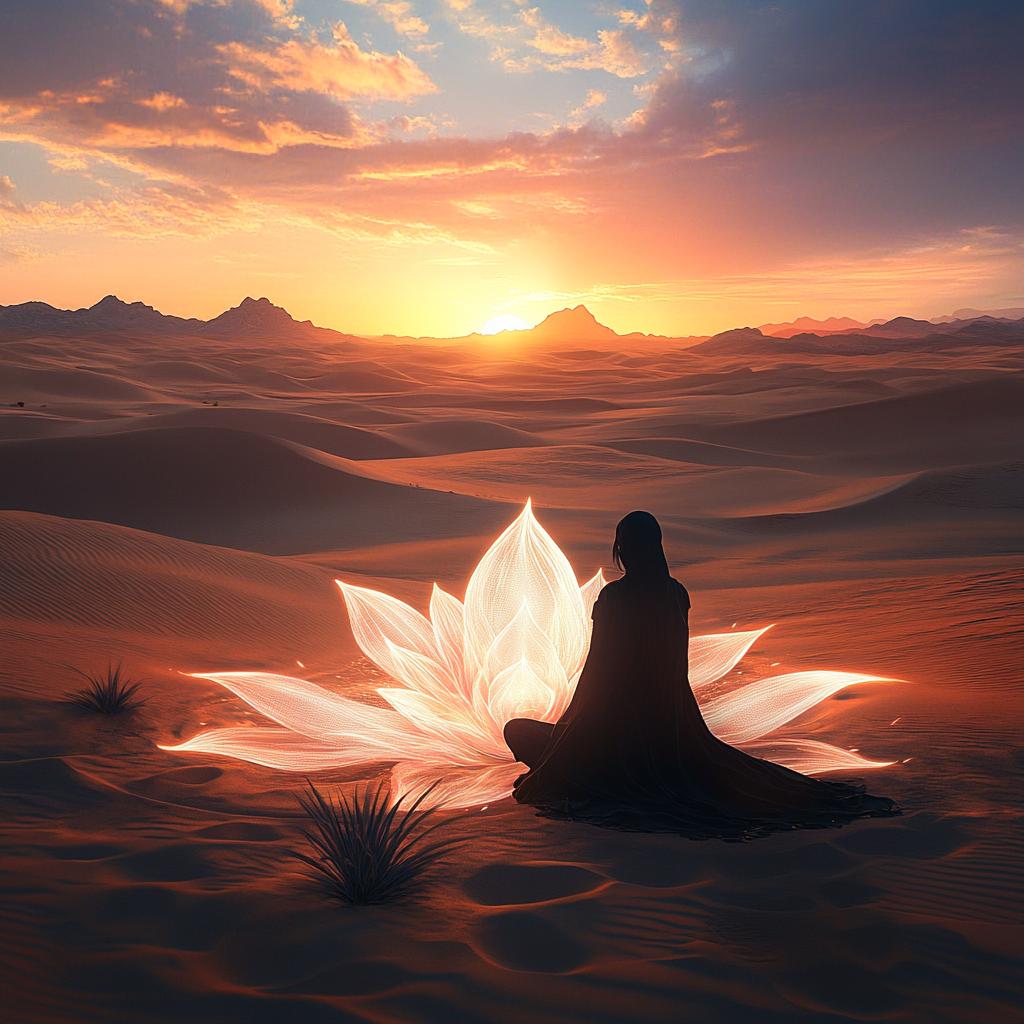 Sorcerer Summoning Lotus in Desert Sunset