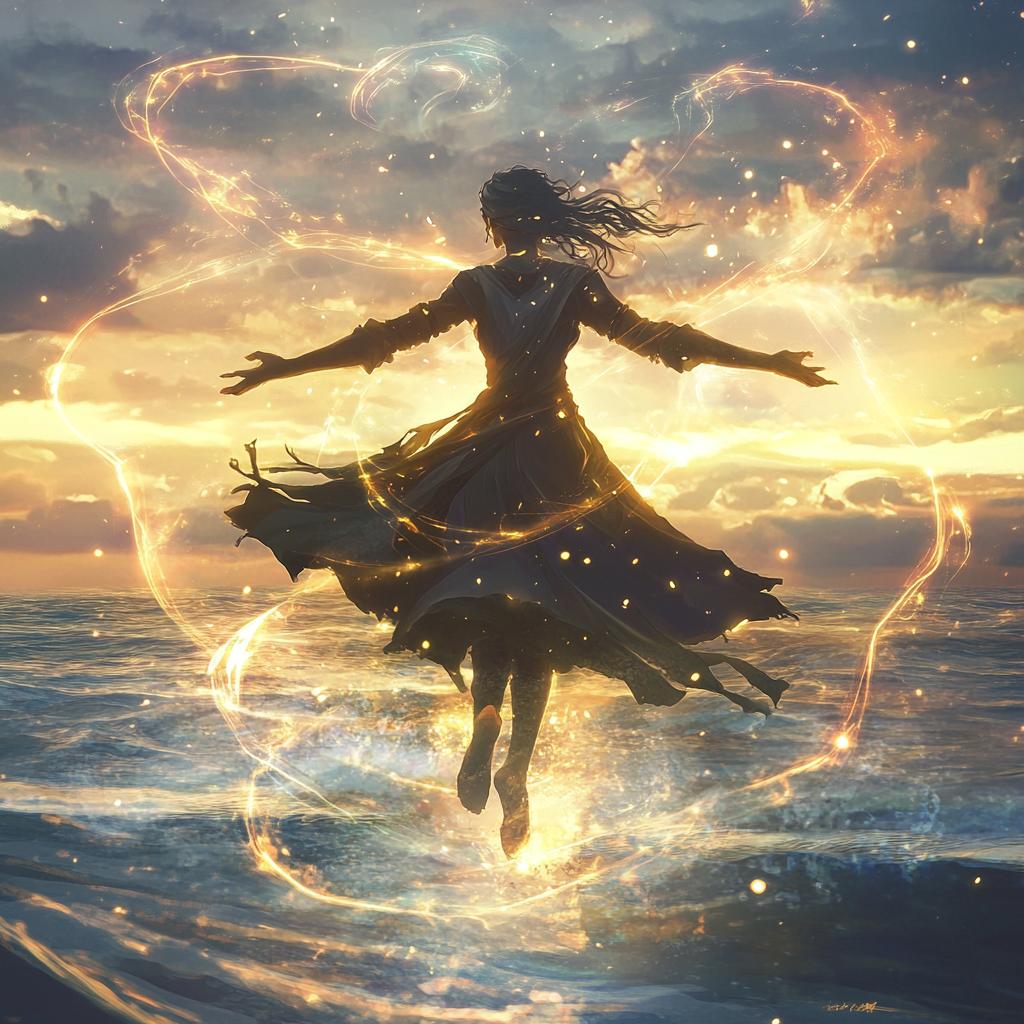 Sorcerer Flying Over Sea with Fire