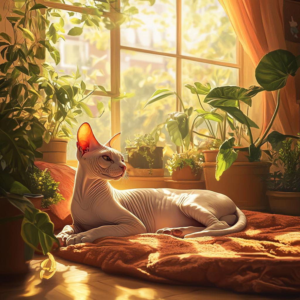 Sphynx Cat by Window with Potted Plants