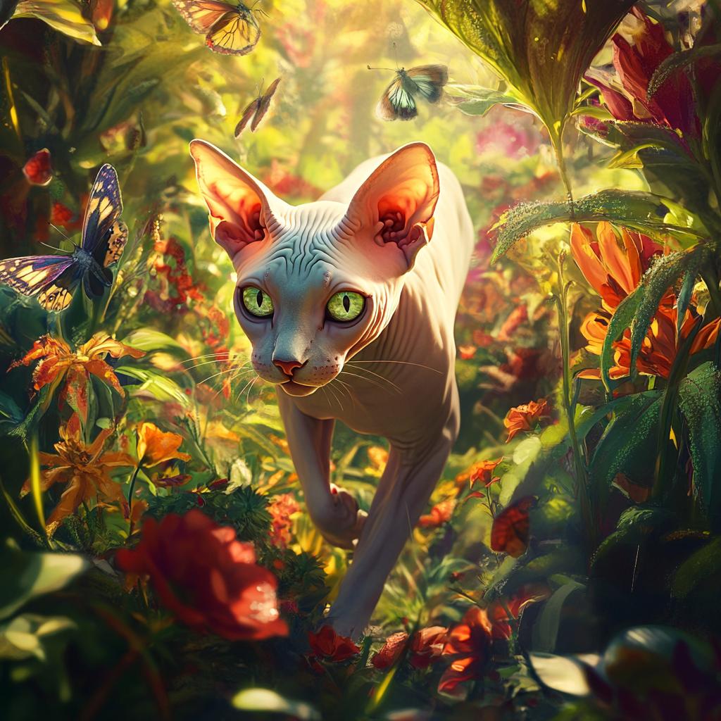 Sphynx Cat Walking Through Red Flowers