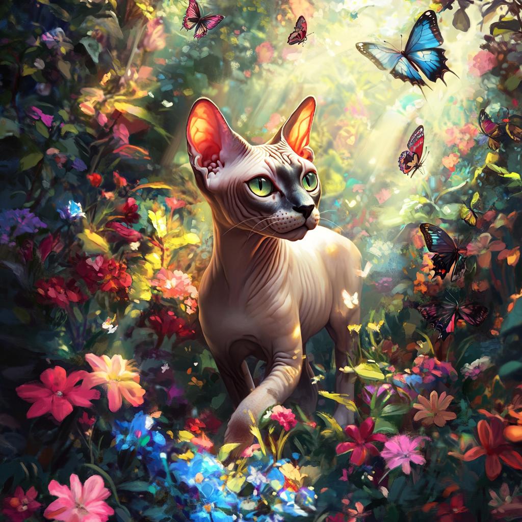 Sphynx Cat Resting Among Colorful Flowers