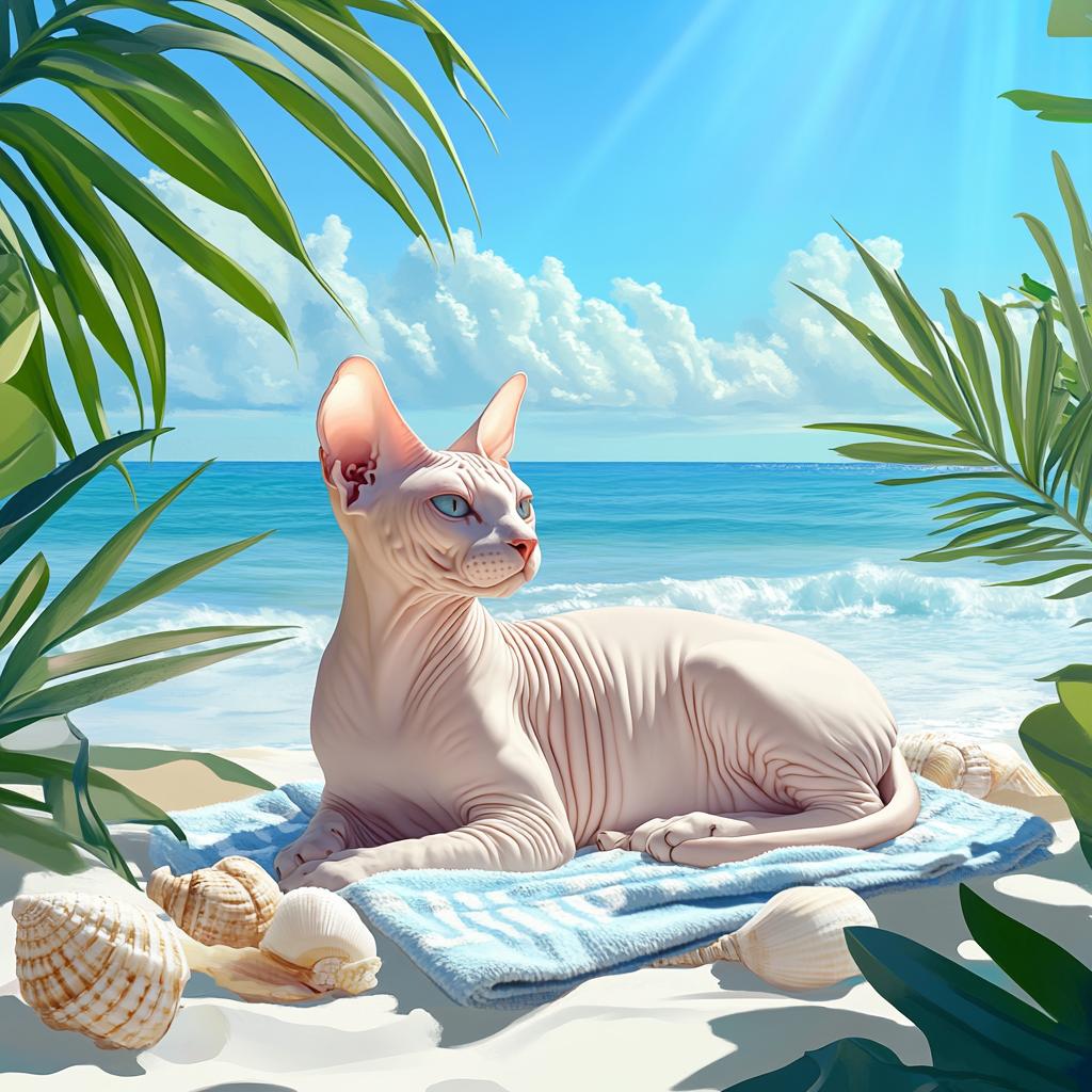 Sphynx Cat Sunbathing Between Palm Leaves