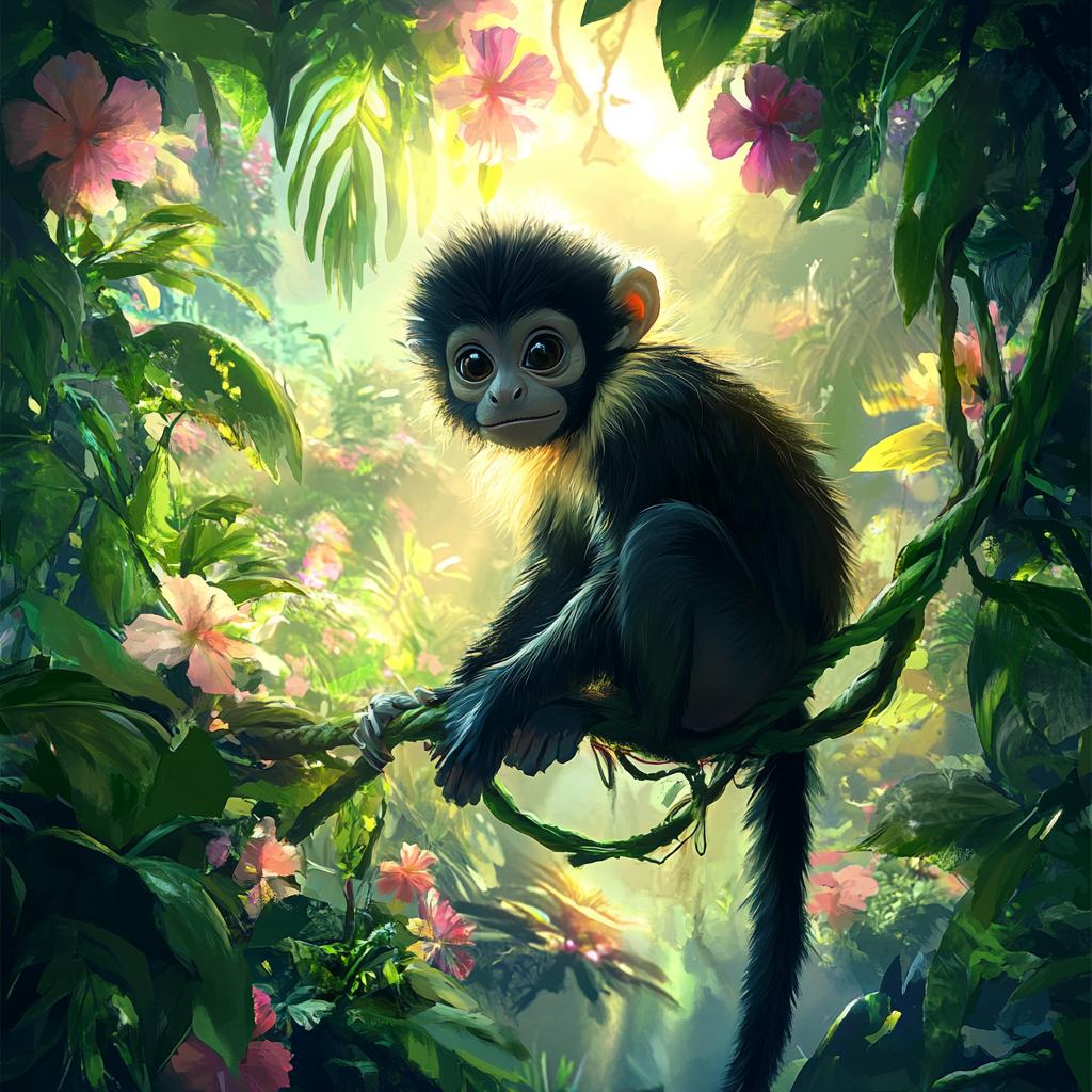 Spider Monkey on Branch in Rainforest