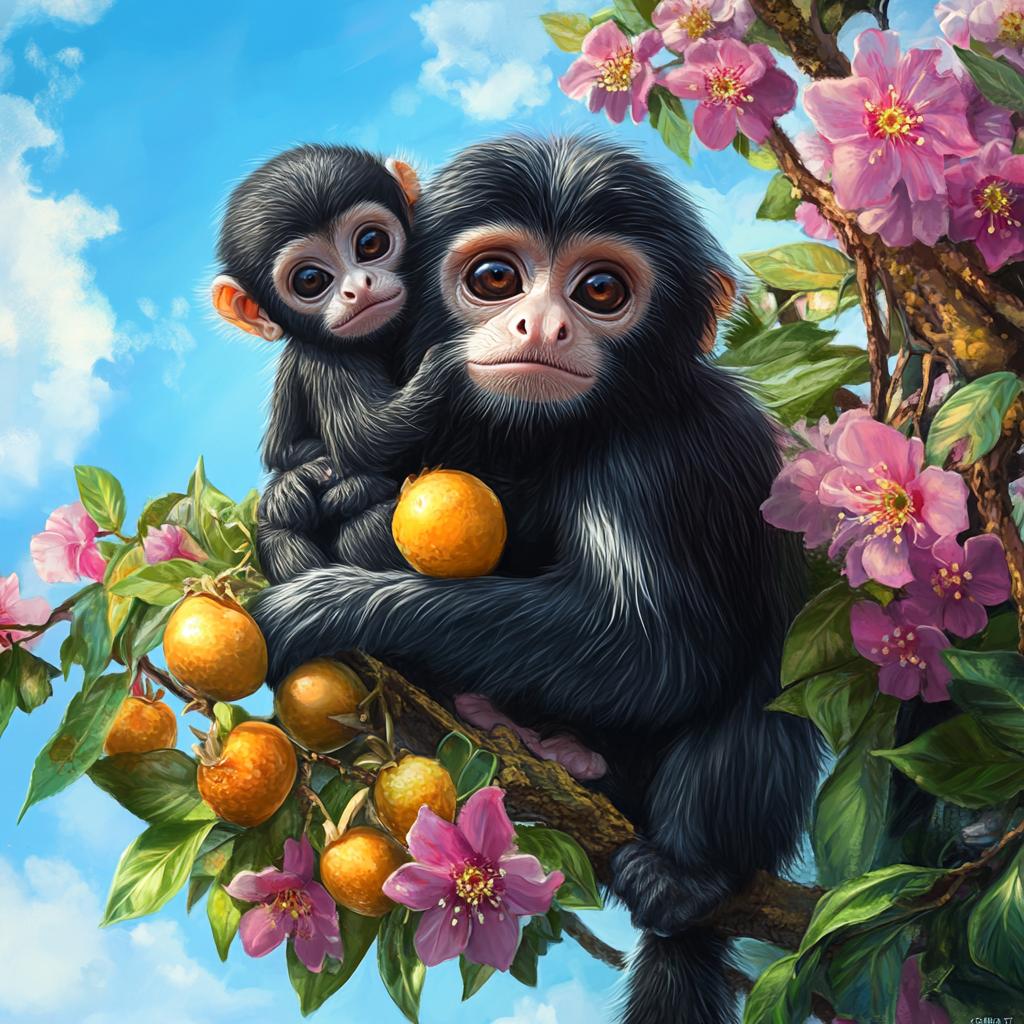 Mother and Baby Spider Monkey Eating Oranges
