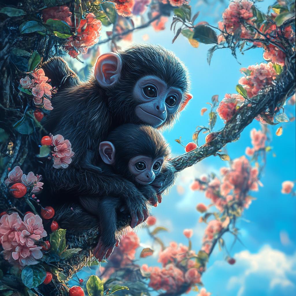 Mother and Baby Spider Monkey Resting in Flower Tree
