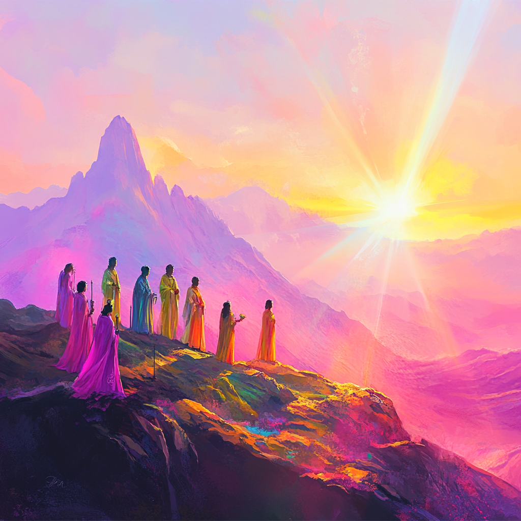 Women Performing Spiritual Ritual on Mountain Watching Volcano