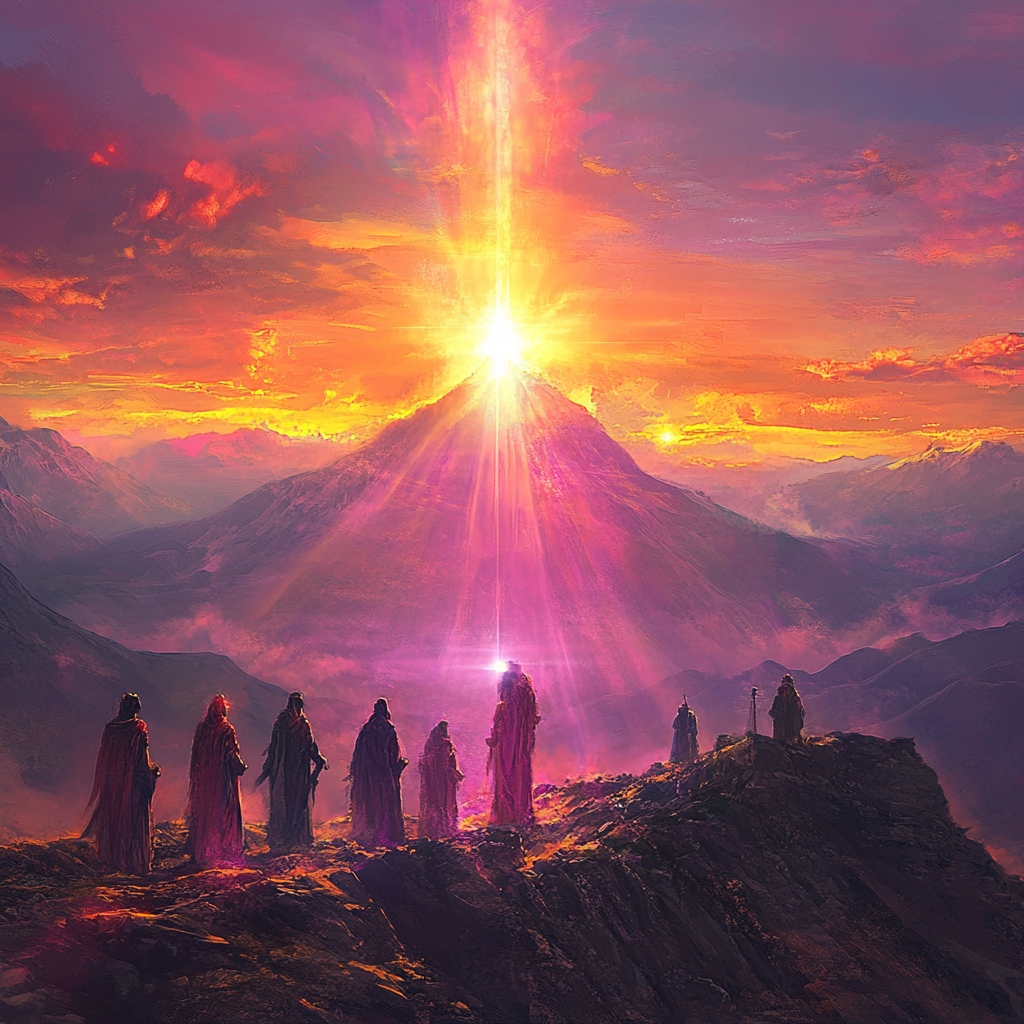 Women Watching Volcano Eruption During Spiritual Ritual