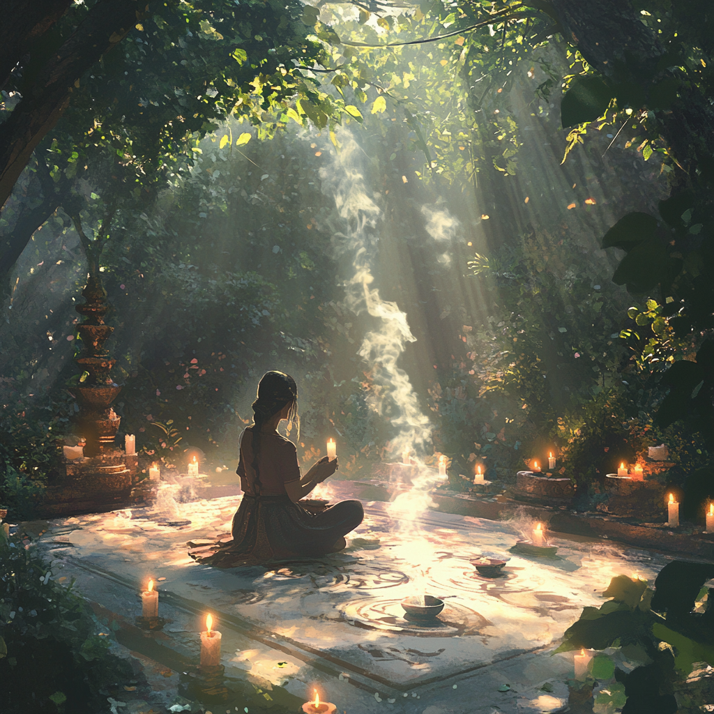 Woman Meditating Among Candles in Forest