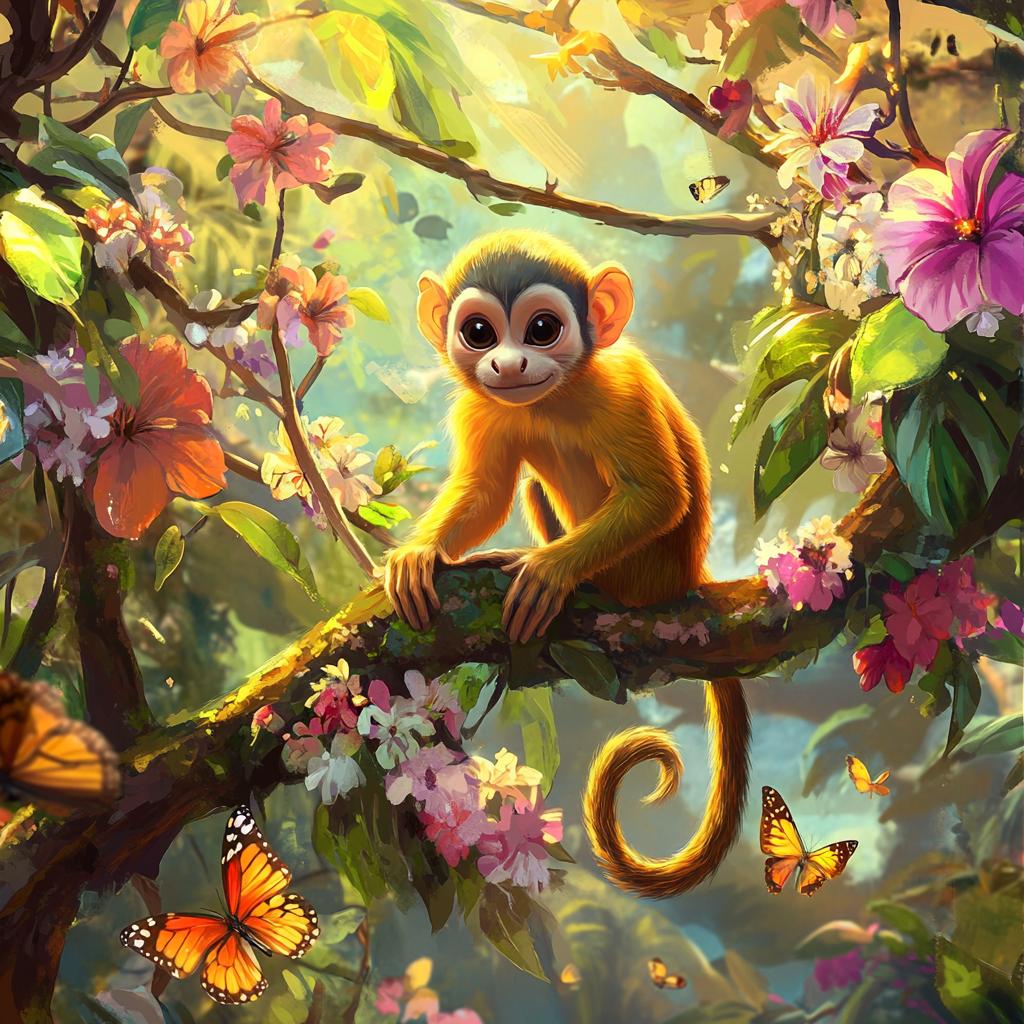 Squirrel Monkey on Branch Among Pink Flowers