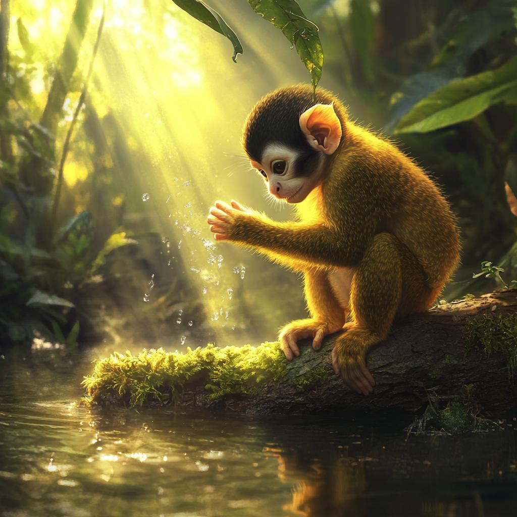 Squirrel Monkey Washing at Riverbank