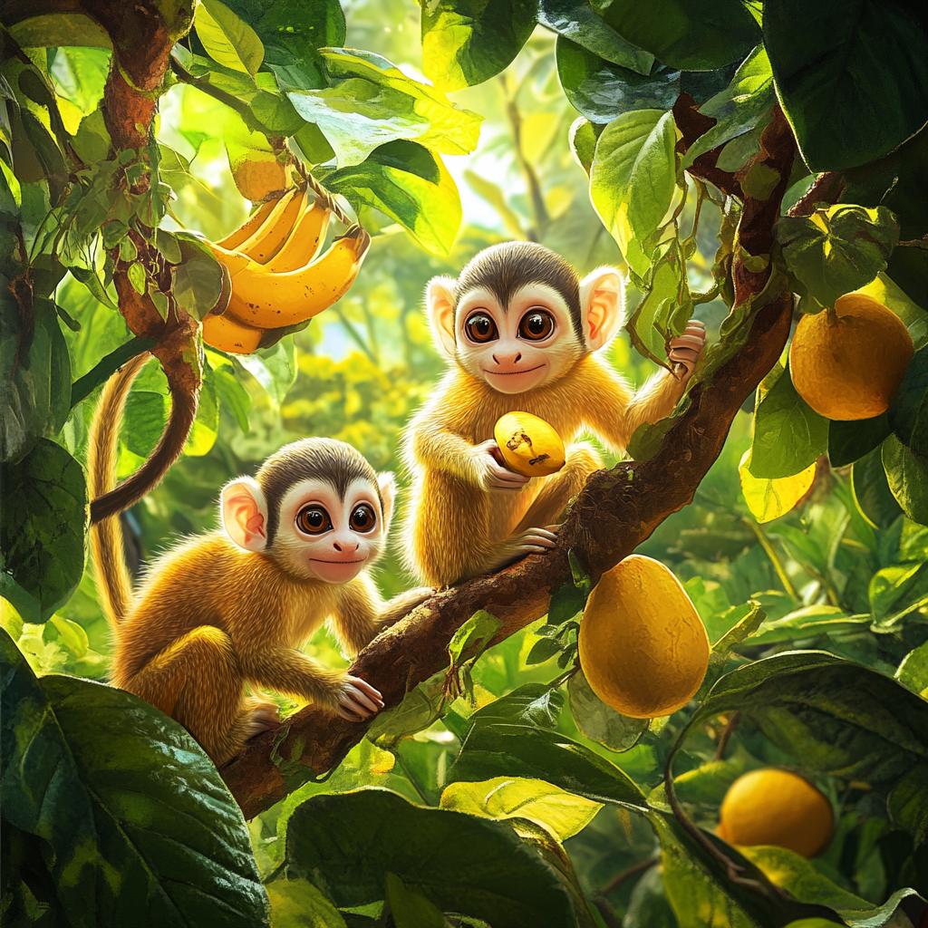 Squirrel Monkeys Climbing Branch in Fruit Tree