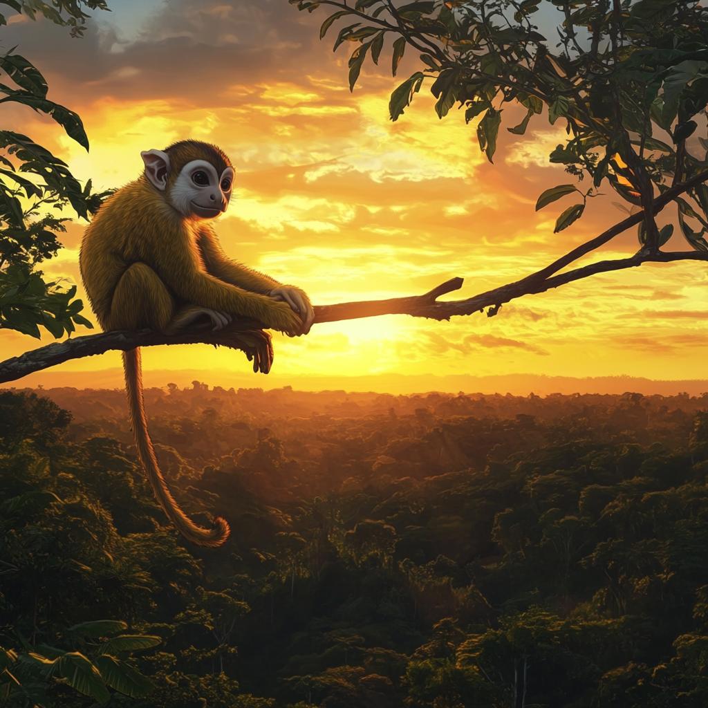 Squirrel Monkey Enjoying Sunset from Rainforest Canopy