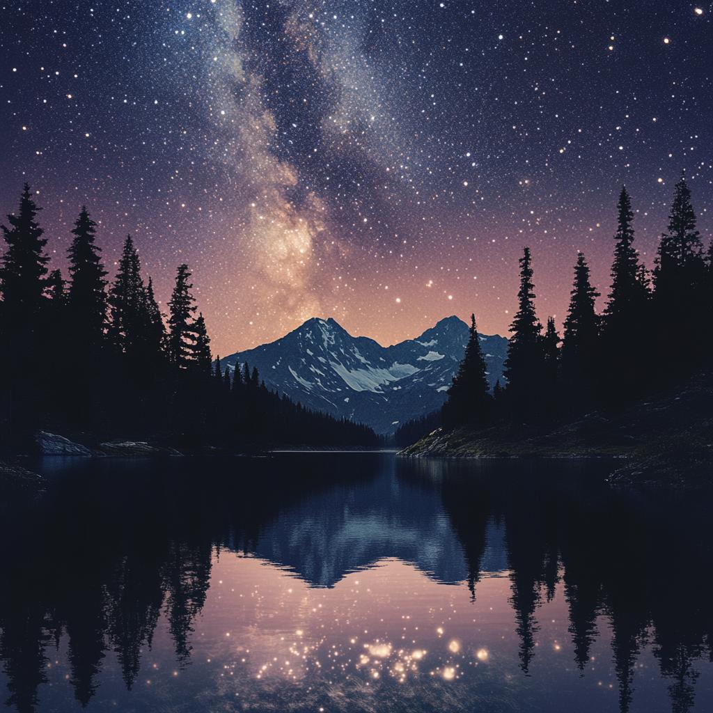 Starry Sky Over American Park Lake and Mountains