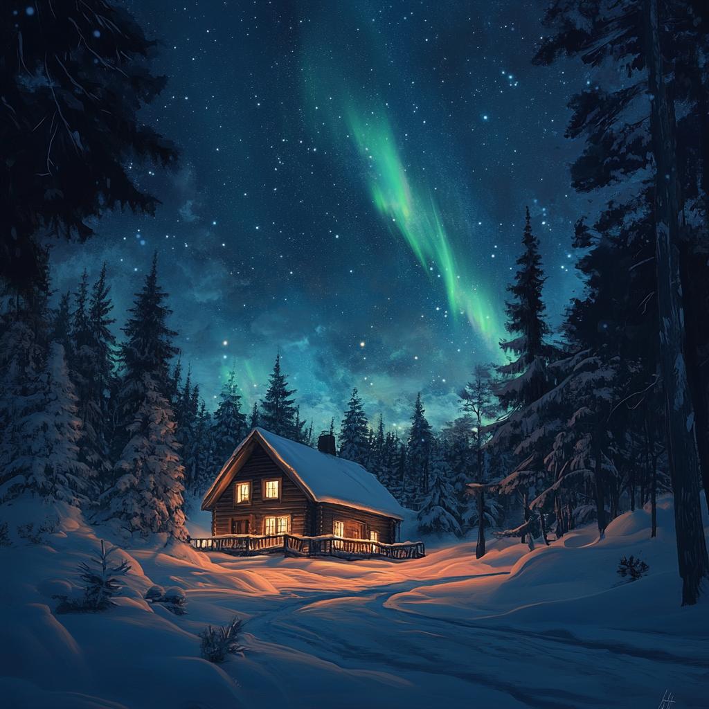 Northern Lights Over Snowy Cottage in Norway