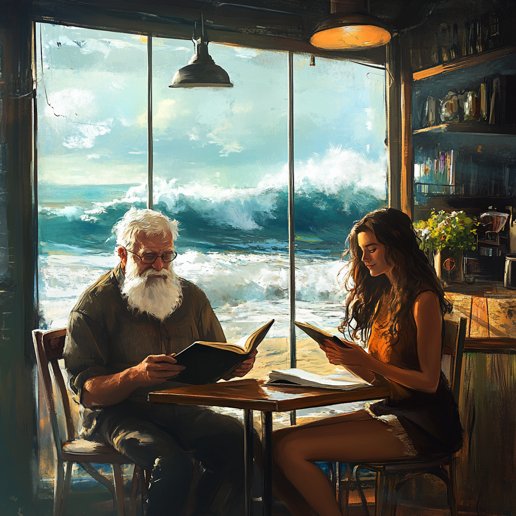 Grandpa and Granddaughter Reading with Sea View