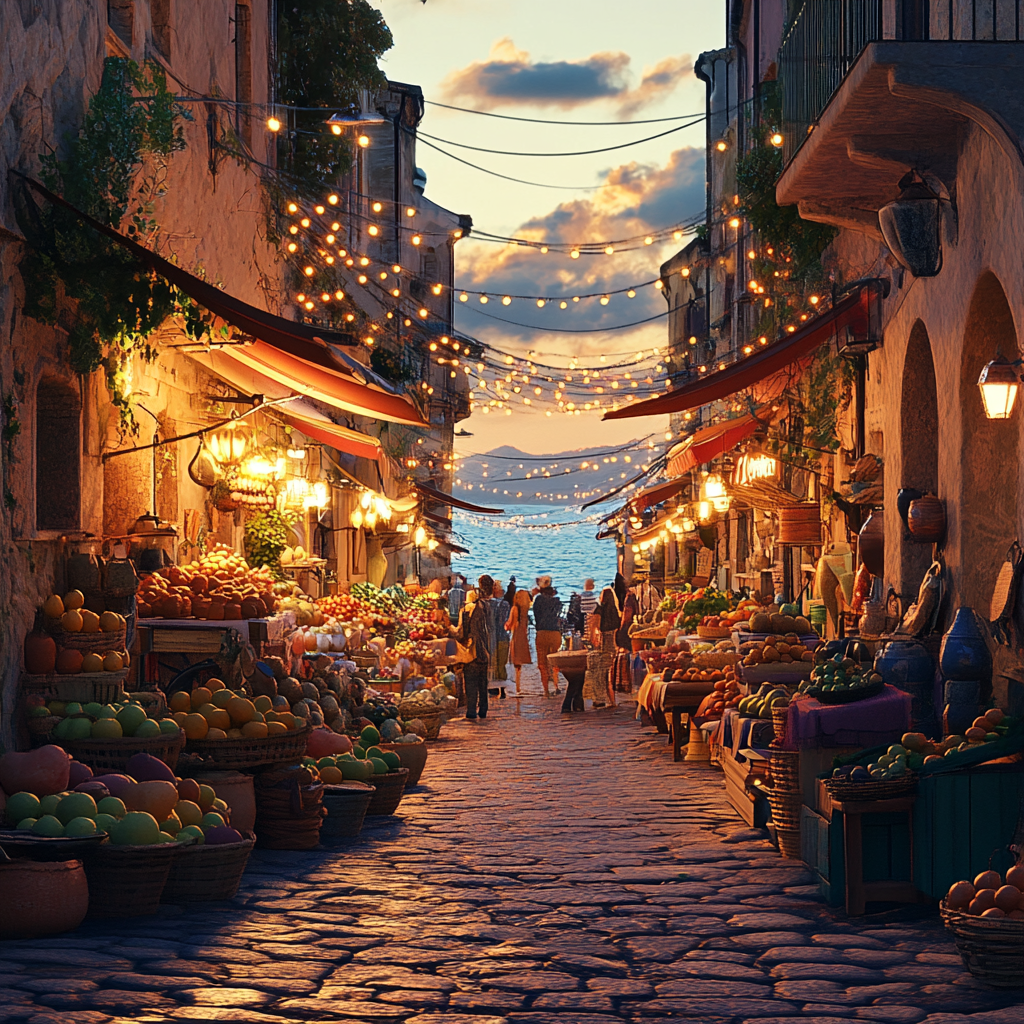 Mediterranean Street Market at Sunset with Delicacies