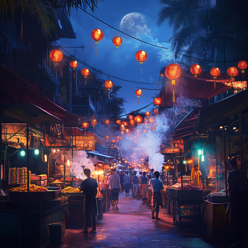 Chinese Night Market with Lanterns and Shoppers