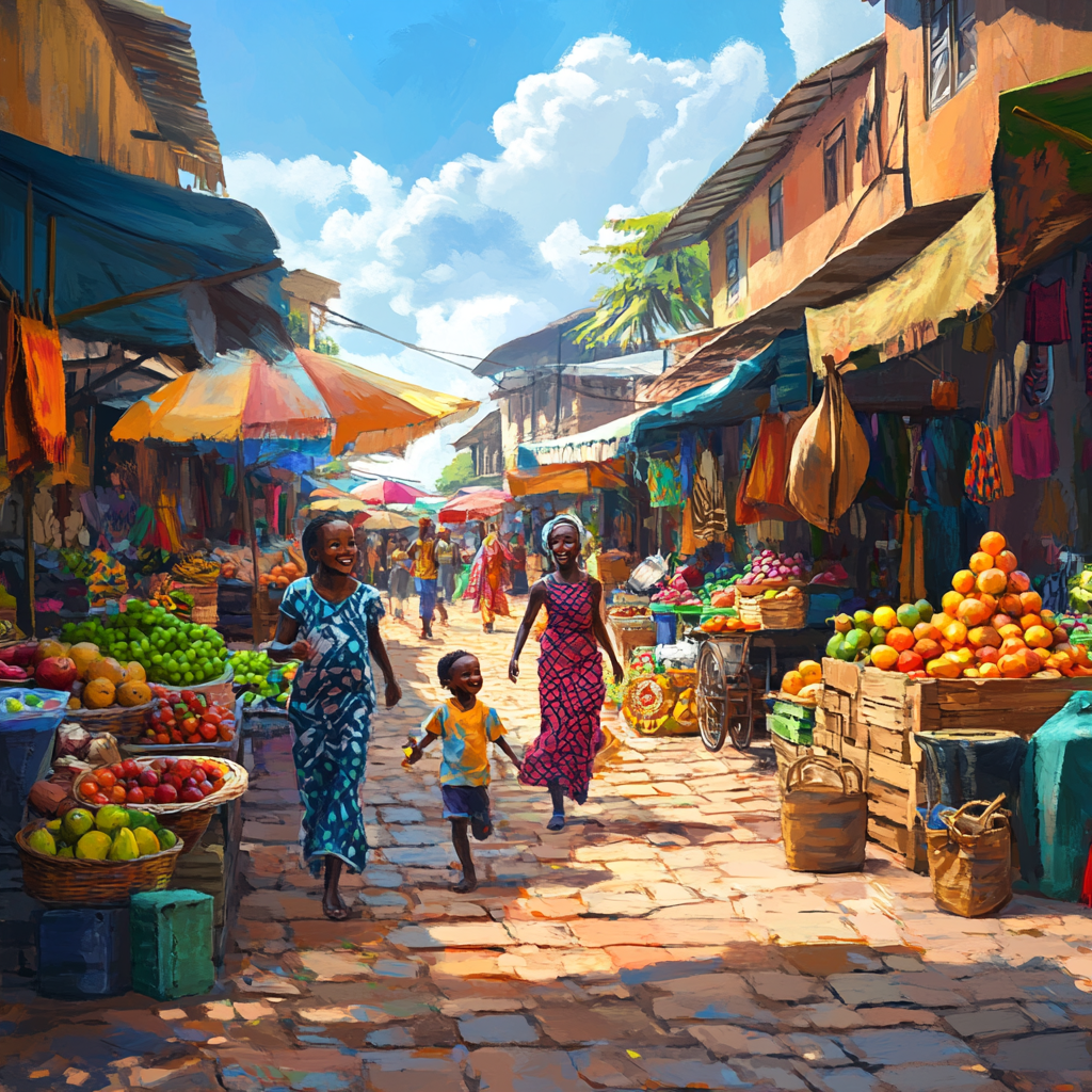 African Street Market with Kids and Colorful Fruit