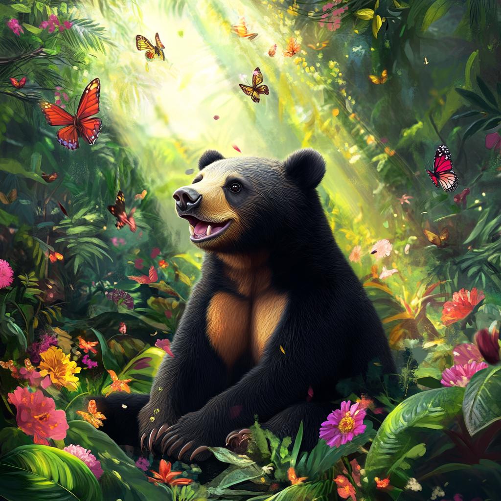 Sun Bear in Sunbeam Among Colorful Forest Flowers