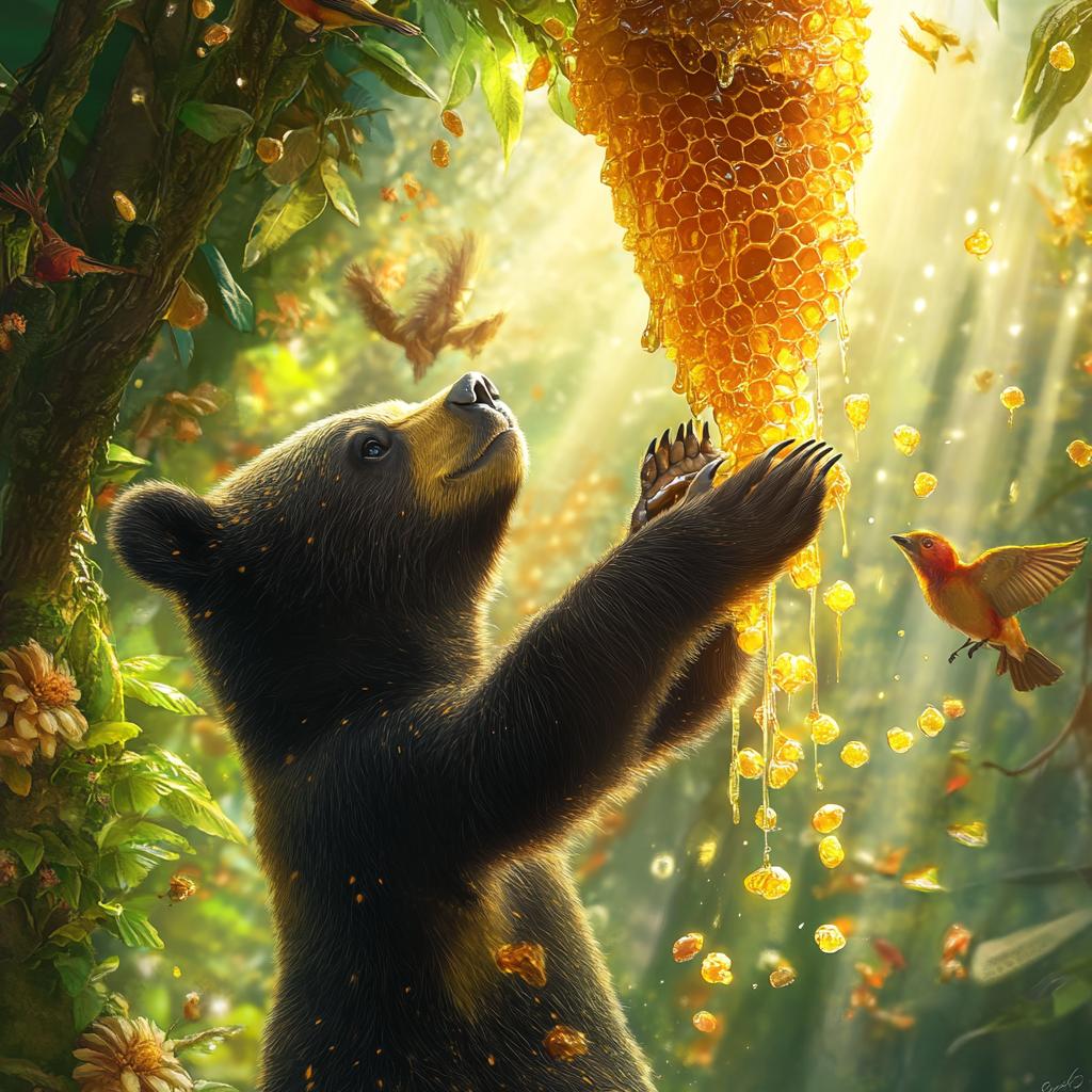 Sun Bear Reaching for Honeycomb in Forest