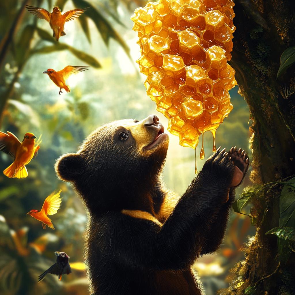 Sun Bear Collecting Honey in Dense Forest