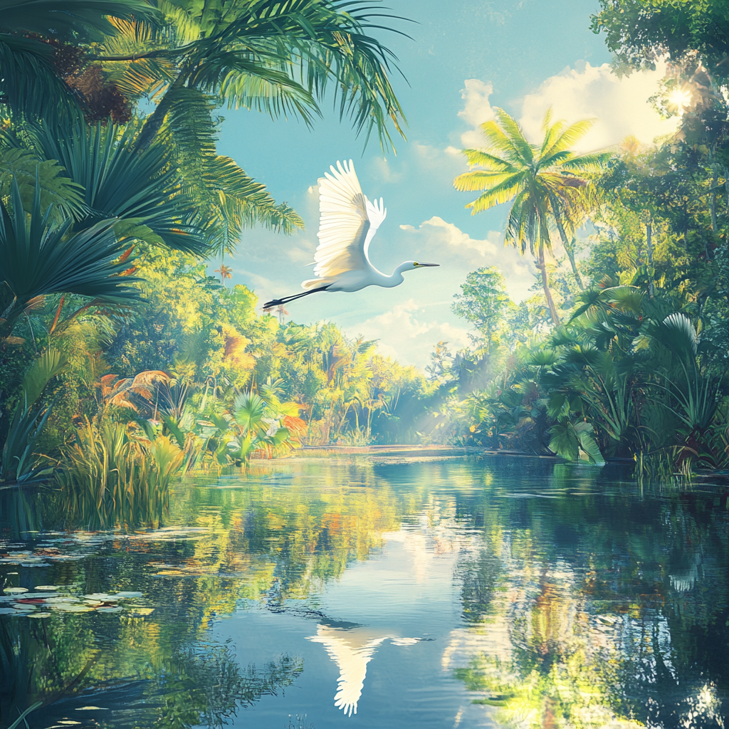 Rainforest Swamp with White Bird Flying