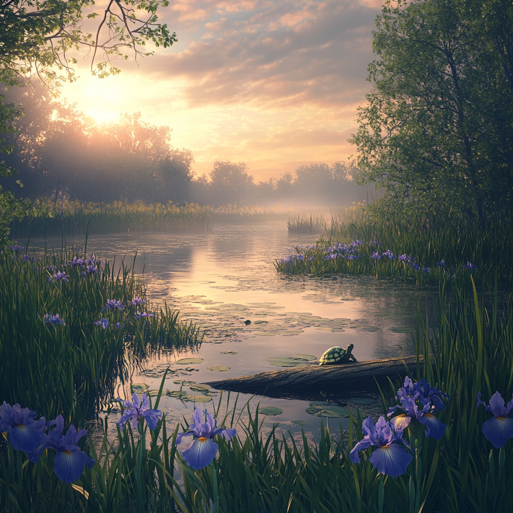 Swamp Sunset with Turtle on Floating Log