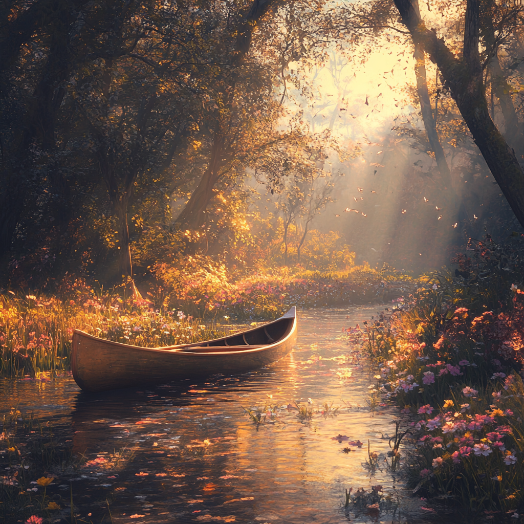 Autumn Swamp with Abandoned Wooden Boat