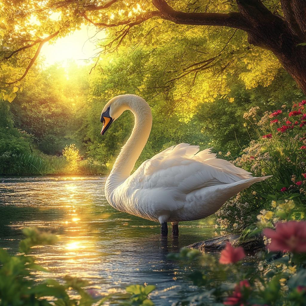 Swan Enjoying Morning Sun at Riverbank