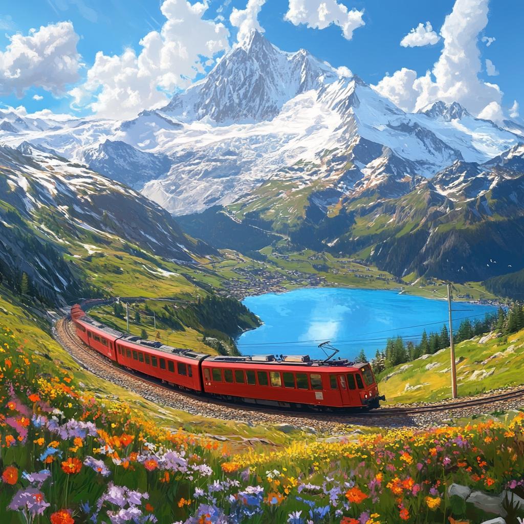 Red Train Passing Through Swiss Alps in Spring