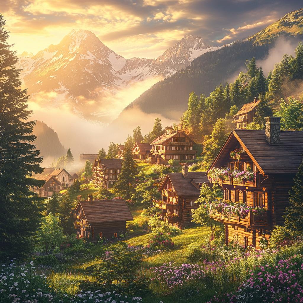 Sunset View of Swiss Alps Cottages