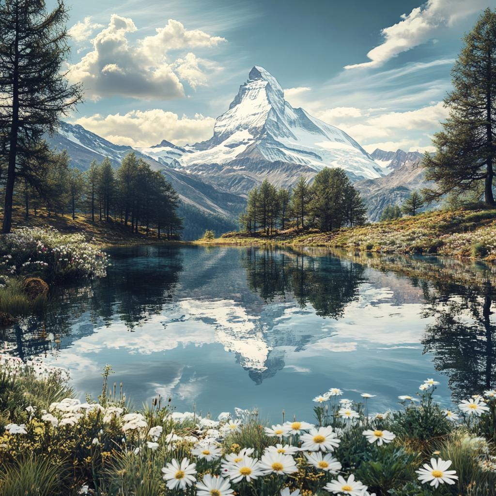 Lake View in Swiss Alps with Snow-Capped Mountains