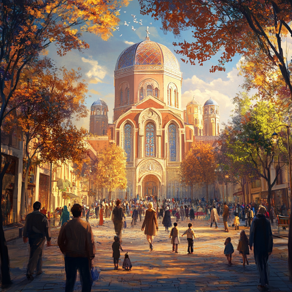 Oriental Street View of Synagogue with People