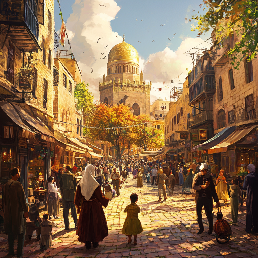 People Walking on Oriental Street by Synagogue