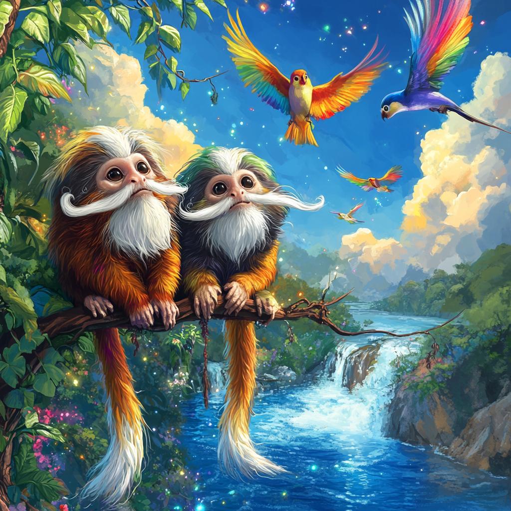 Two Taramins on Branch Watching Parrots Over River