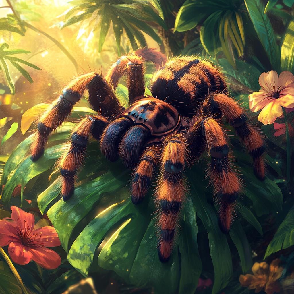 Tarantula Crawling Over Leaf and Flowers