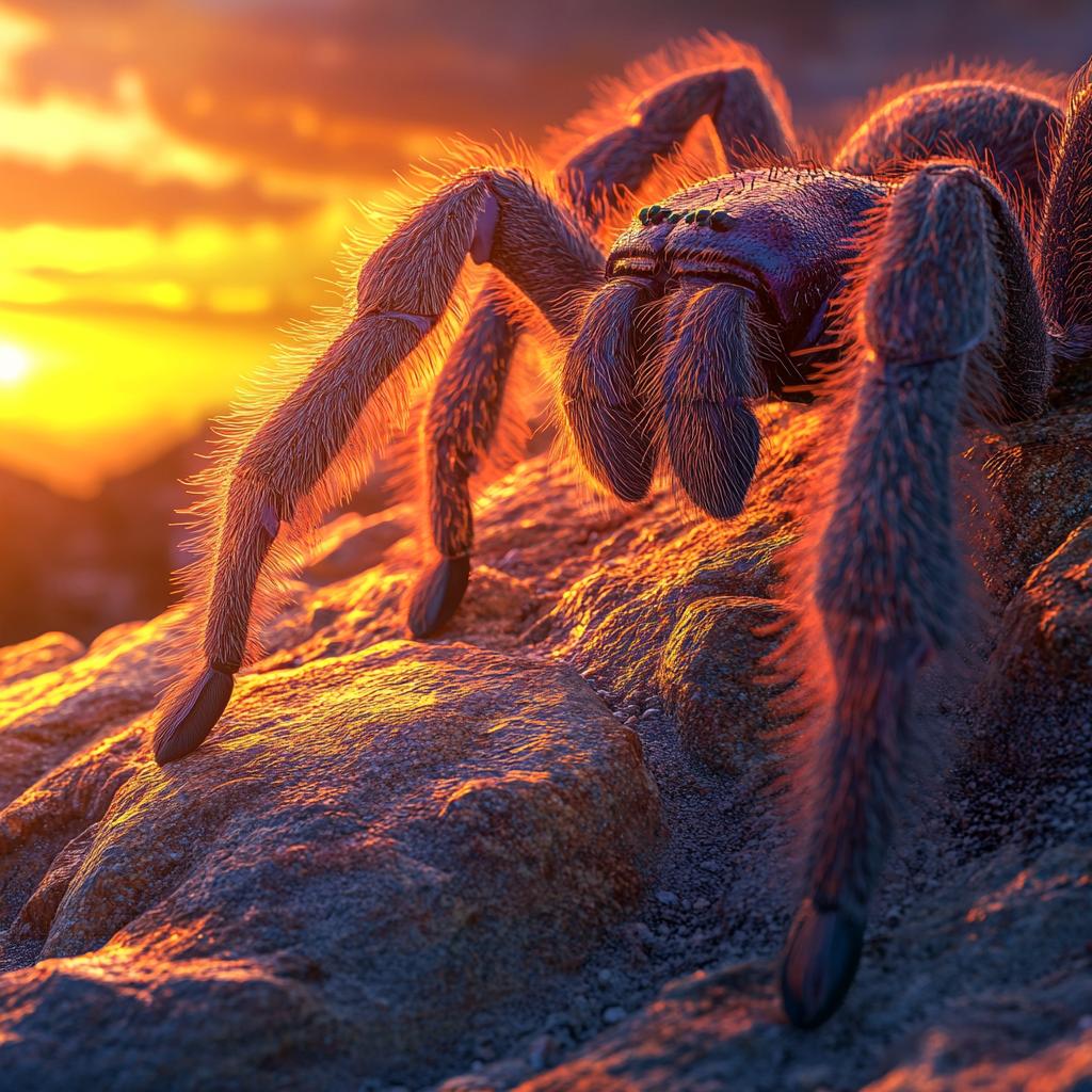 Close-up of Tarantula on Rocks at Sunset