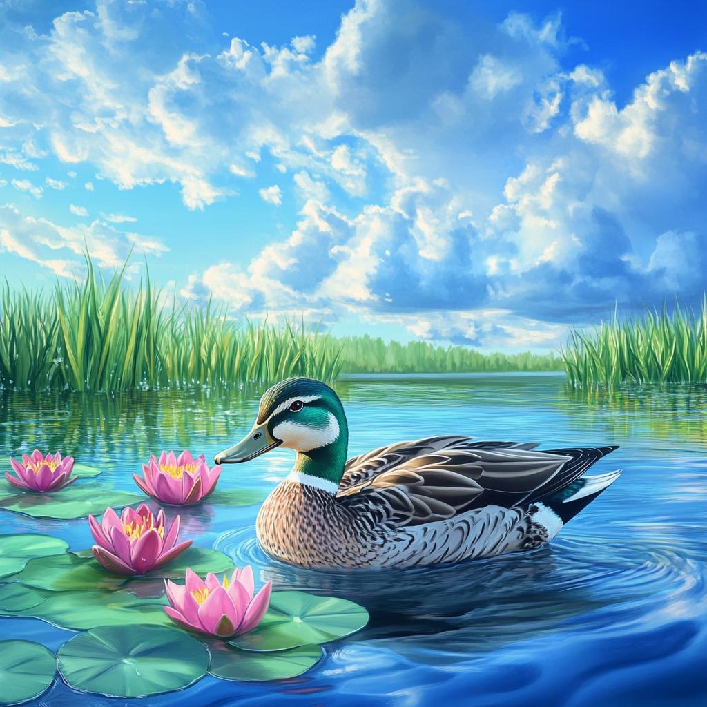 Teal Duck Swimming Among Lilies