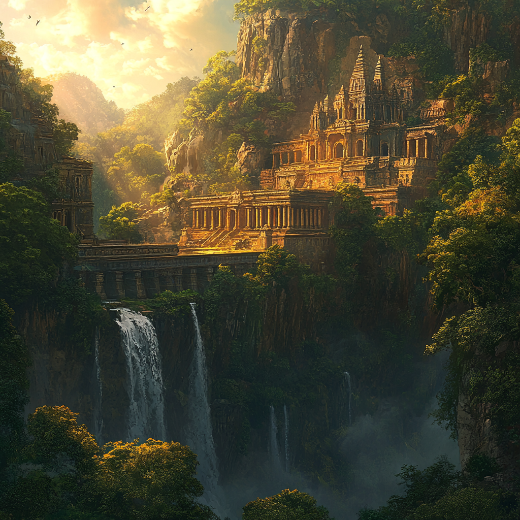 Ancient Rainforest Temple with Waterfall