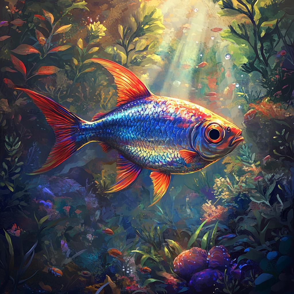 Blue and Red Tetra Fish Among Seagrass