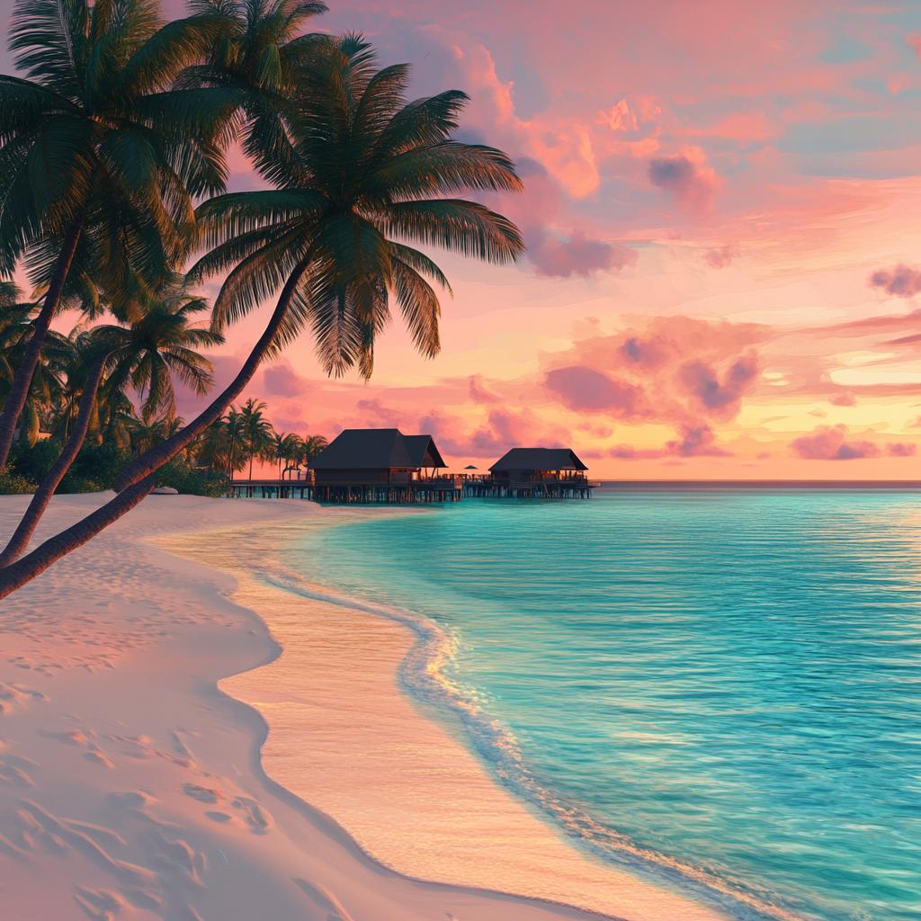 Maldives Beach at Sunset with Hanging Palm Trees