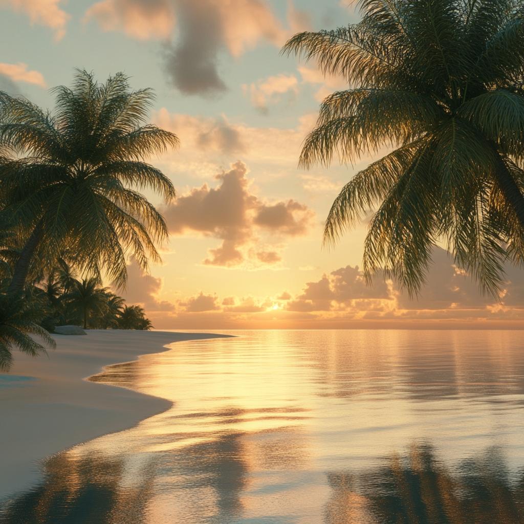 Maldives Sunrise at Seashore with Palm Trees