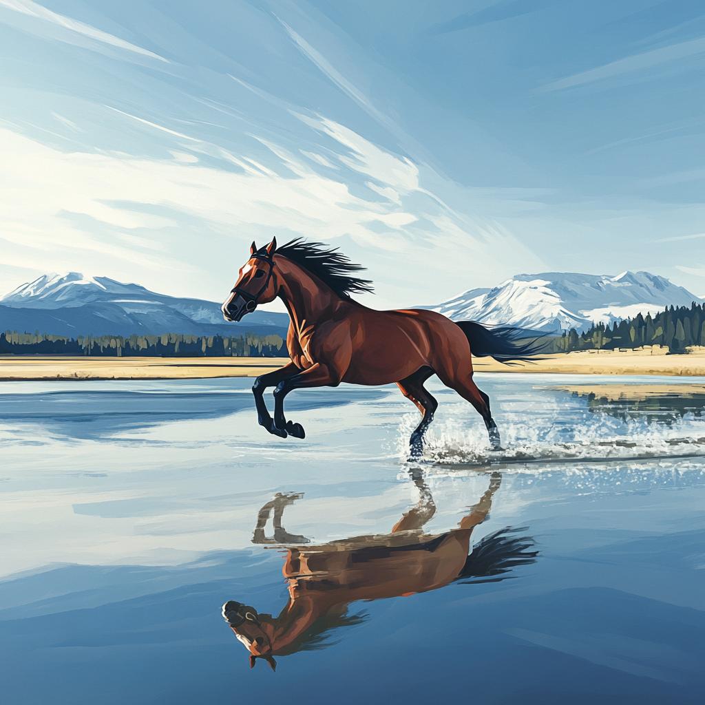 Thoroughbred Running Through Shallow Water