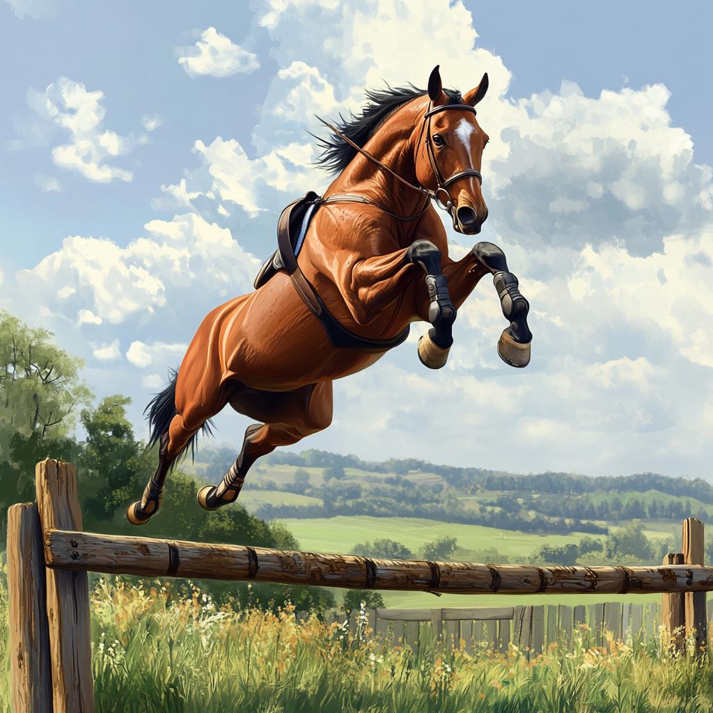 Thoroughbred Jumping Over Fence in Grassfield