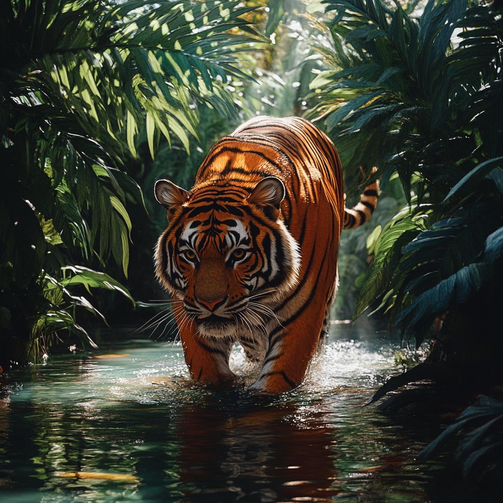 Tiger Walking Through Rainforest River