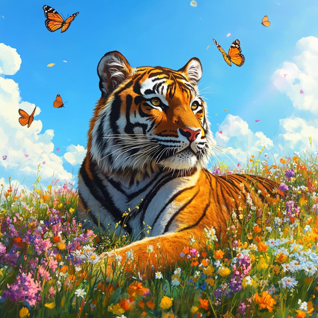Tiger Resting Among Flowers and Butterflies