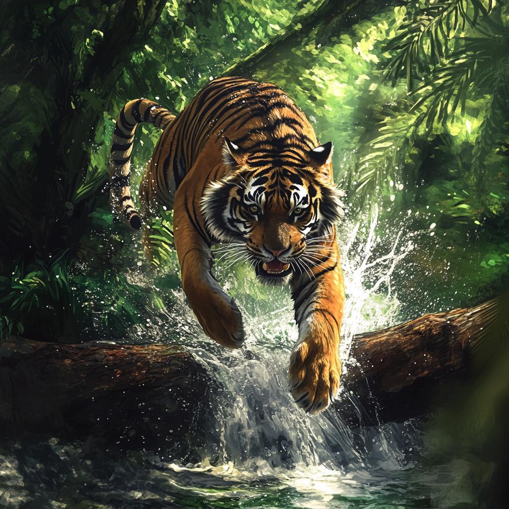 Tiger Jumping Over River Log in Rainforest